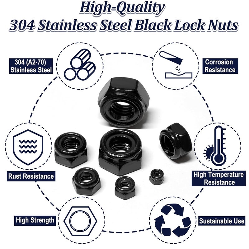 ZQZ 180 Pack Black Locknuts Assortment Kit, M3 M4 M5 M6 M8 M10 M12 Metric Black Nylon Insert Lock Nuts Set, 304 Stainless Steel Standard Threaded Nylock Nuts - Image 4